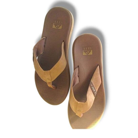 Reef Mens Sandals Sz 13 Flip Flops Leather Rubber Tan Comfort Support Santa Ana - Picture 8 of 9